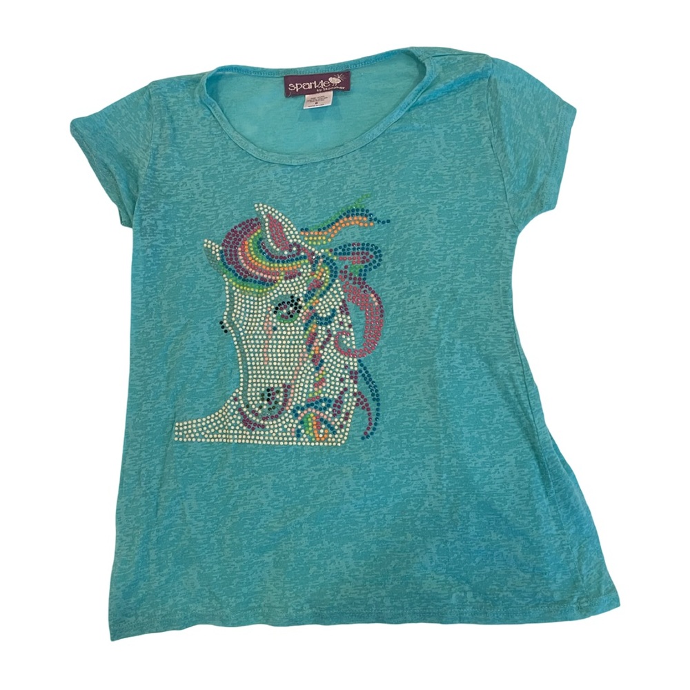 EUC Sparkle by Stoopher Girls Size 8 Teal Unicorn Beaded T-Shirt